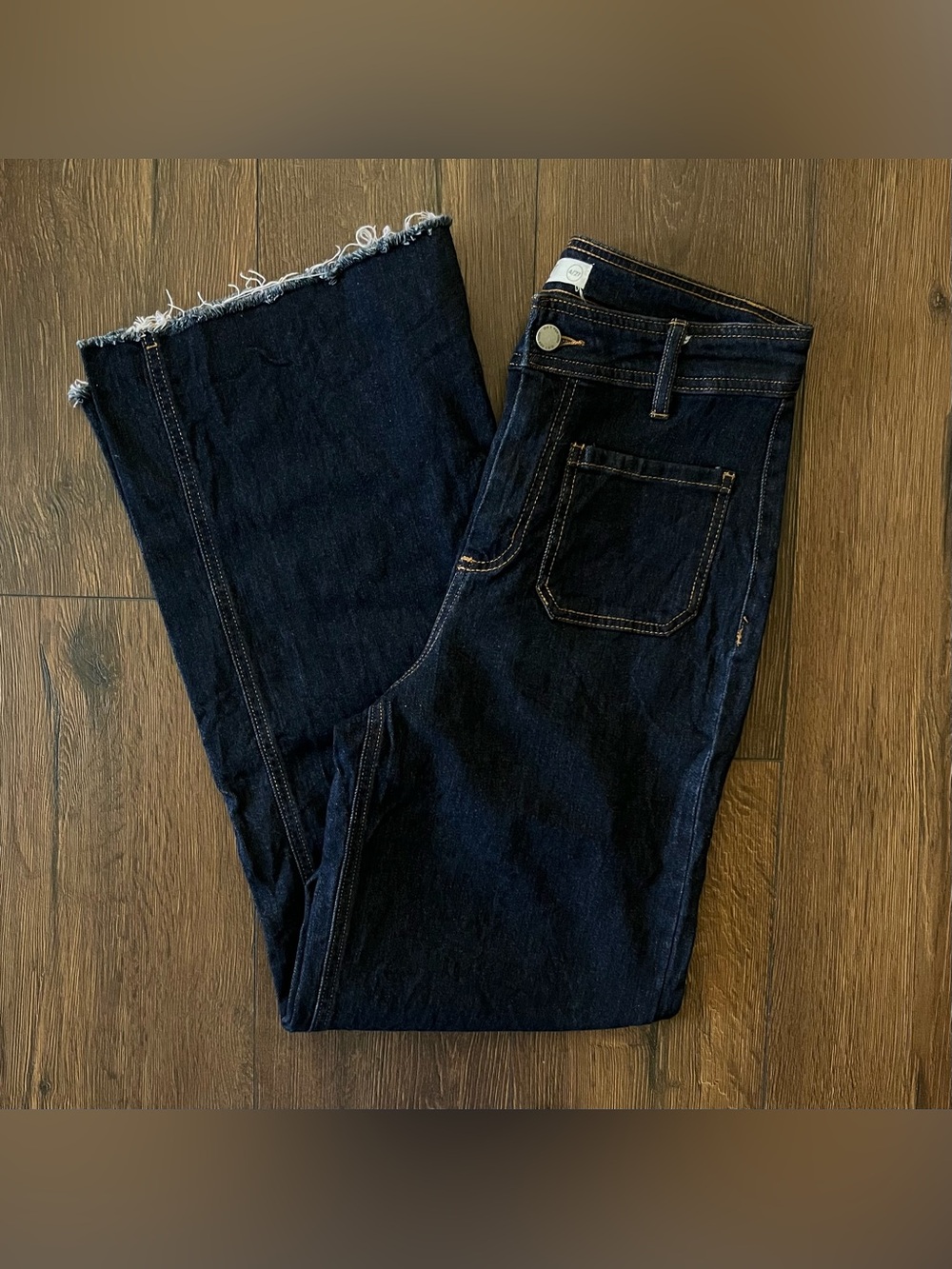OAT Dark Wash Wide Leg Jeans with Raw Hem